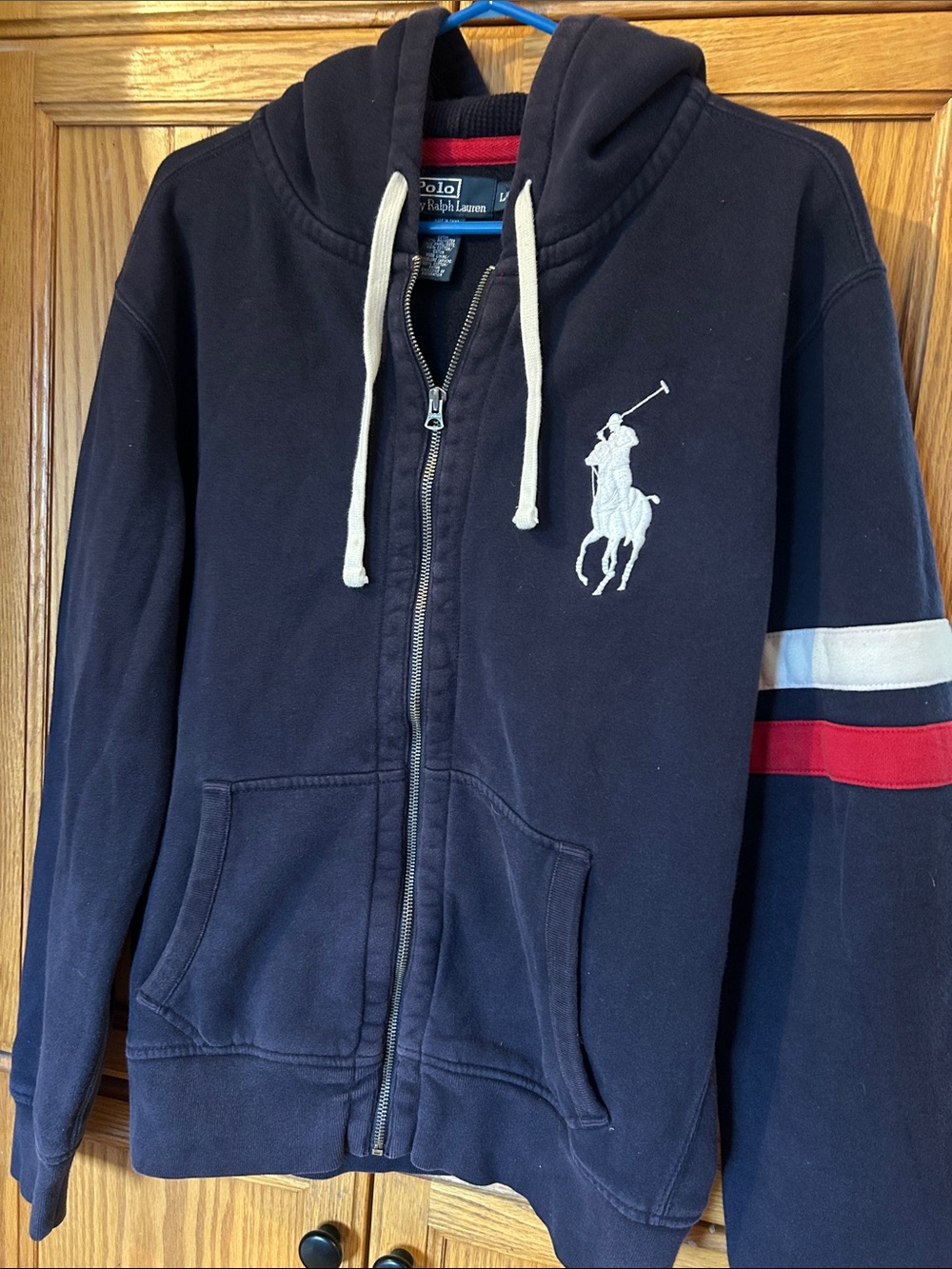 Polo by Ralph Lauren Navy Zip Hoodie with White Pony and Red-White Sleeve Stripe
